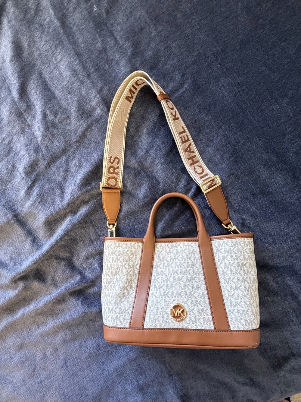 Michael Kors Brown and Ivory Signature MK Logo Tote with Branded Strap